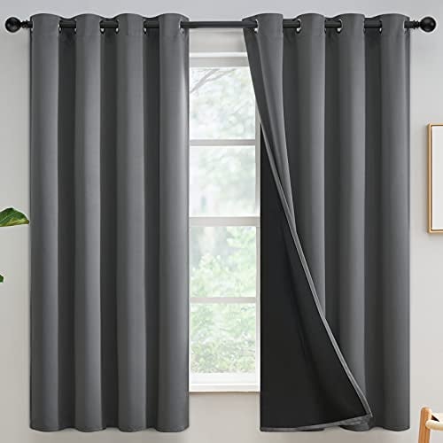 Yakamok 100% Verdunkelungsvorhänge für Schlafzimmer, 160 cm Länge, grau, Gesamtlichtblockierende Vorhänge, Vollraumverdunkelung, Thermisch isoliert, solide Ösenpaneele für Wohnzimmer, Grau, 2 Paneele