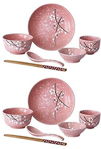 HEMOTON Juego de vajilla Japonesa de cerámica con Cuencos, Platos, cucharas, Palillos, platillos para el hogar, vajilla para Boda, Navidad, casa, Regalo de Calentamiento Rosa