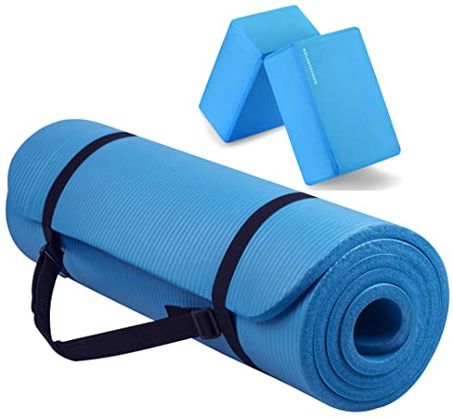 BalanceFrom GoYoga Allzweck-Yogamatte, 1,27 cm, extra dick, hohe Dichte, reißfest, mit Tragegurt und Yoga-Blöcken