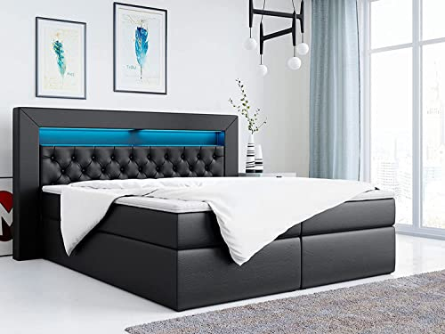 MKS MEBLE Boxspringbett 180x200 mit Led Schwarz Kunstleder, Bett 180x200 mit LED Kopfteil, Multipocket Matratze H3, Doppelbett mit Bettkasten Stauraumbett - Gold-6 - Schwarz Kunstleder
