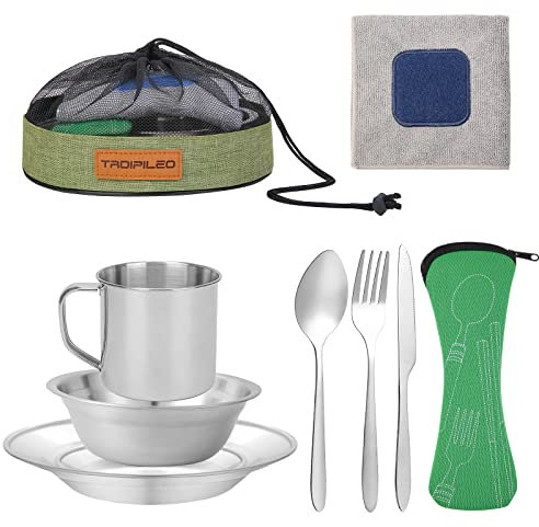 Camping Cutlery Set, 8 Piece Stainless Steel Cutlery Set Including Cutlery Spoons Mug Bowls & Plates Rags, Organizer Straps Easy to Carry for Backpacking, Camping, Hiking and Picnics (Green)