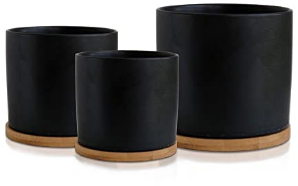 Olly & Rose Juego de 3 macetas de cerámica Negro Mate con Posavasos de bambú, macetas de Interior, macetas Blancas, macetas de cerámica para Exteriores, Grandes, Medianas, pequeñas con platillos
