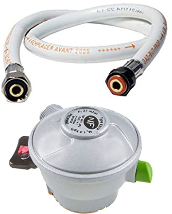 KEMPER Gasschlauch, flexibel, 2 m + Druckminderer, Propan, Quick-On-Ventil, 27 mm, flexibel, für Grill, Plancha-Heizung