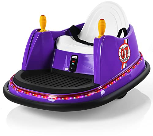GYMAX 360 Spin Kids Bumper Car, Electric Ride on Toy with Remote Control, Lights, Music and Safety Belt, Children Battery-Powered Vehicle for Indoor Outdoor (Purple)