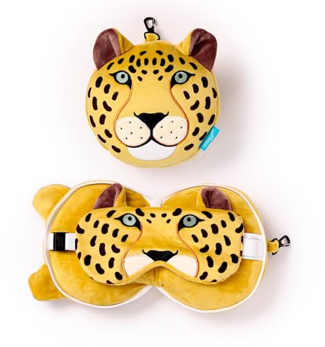 Relaxeazzz Rundes Plüsch-Reisekissen und Augenmaske, Leopardenmuster, Schlaf-Augenmasken, Kinder-Reisezubehör für Schlafflugzeug, Flugzeug, Nackenkissen