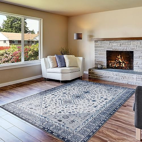 TALETA Teppich Wohnzimmer Vintage orientlischer Teppich, Carpet Teppich Kurzflor waschbar, Area Rugs, weicher Teppich bunt für Wohnzimmer, Schalfzimmer, Eisszimmer - Denim blau, Groß: 240 x 340 cm