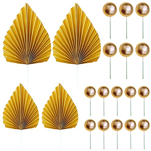 BDSHUNBF 24 Pcs Paper Palm Fans, Gold Palm Leaf Cake Toppers With Gold Round Ball Cake Inserts, For Birthday Party & Wedding Party Décor