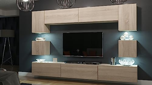 Furnitech Wohnwand Wohnzimmer | Hängend Wohnwand Modern | Wohnzimmer Schrankwand mit Regale und TV Schrank | Wohnzimmer Möbel ohne LED (Nowara AN1-17S-M50 1B)