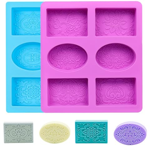 Moules à Savon en Silicone, Moule à Savon à 6 Cavités avec Motif en Dentelle, Moule à Savon en Silicone Ovale Rectangulaire 3D Pour Cire de Bougie, Moule à Gâteau au Chocolat, Biscuit (Bleu + Violet)