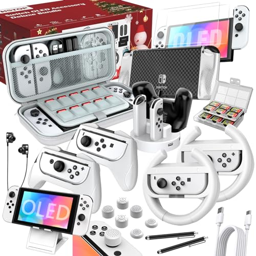 HSTOP Switch OLED Zubehör Kompatibel mit Nintendo Switch OLED,27 in 1 Switch OLED Tasche Geschenk Bundle Kompatibel mit Nintendo Switch OLED Konsole mit Schutzhülle,Griff,Spiele Aufbewahrung etc.,Weiß