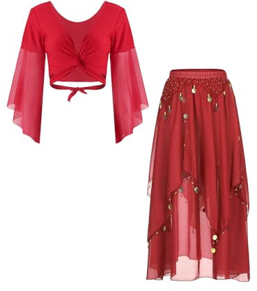 Yeahdor Damen Bauchtanz Kostüm Set Langarm Tanz Oberteil + Latein Rock mit Mützen Tanzkostüm Karneval Fasching Cosplay Party Verkleidung D Rot Einheitsgröße