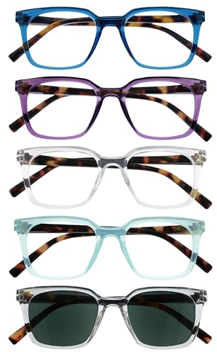 OPULIZE KOI Lesebrille & Sonnenleser 5er Pack - Rechteckiges Gestell - Schwarz-Violett-Klar-Aqua-Klar - Damen Herren - Federscharniere - RRRRS50-35CQC - +1.50