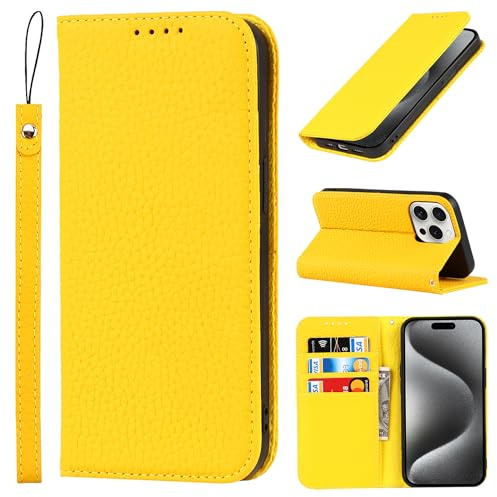 Cavor iPhone 15 Pro Case,Flip Genuine Leather Wallet Case,[4 Card Holders][Magnetic Closure][With Lanyard],Protective Phone Cover Case for iPhone 15 Pro - Yellow