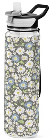 Mnsruu Daisy Blossom Spring Garden Flower Water Bottle 1L with Straw, Leakproof BPA Free Tritan Drink Bottle, Sport Water Bottle for Men Women Kids