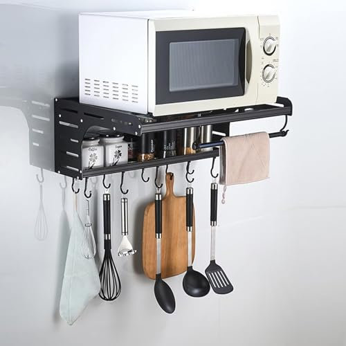 Microwave Shelf, Microwave Wall Bracket, Kitchen Shelf, Microwave Wall Mounted, Kitchen Storage Microwave Oven Rack with 6 Hooks, Black