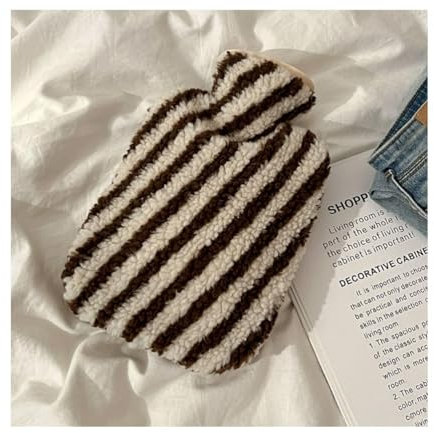 PEKJI Botella de Agua Caliente a Rayas, Calentador de Manos y pies Lleno de Agua, Bolsa de Agua Caliente de Felpa, Botella de Agua Caliente para Cama Grande de 1L con Tapa