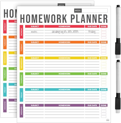 SOL 2pk A4 Magnetic Homework Planners – Whiteboard Planner for Weekly Study Schedule – Reusable Board with 2 Pens and Eraser, Built-In Magnet for Fridge, Task Tracking and Organisation