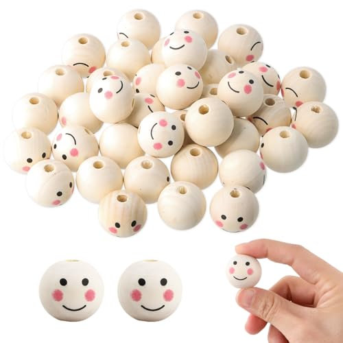 40Stück Gesicht Holzperlen,25mm Lächeln Gesicht holzperle,Große Naturholzperlen Runde Lose Perlen,Holzperlen Rund Für DIY Puppenkopf, Schlüsselanhänger, Engel, Handwerk Und Schmuckherstellung