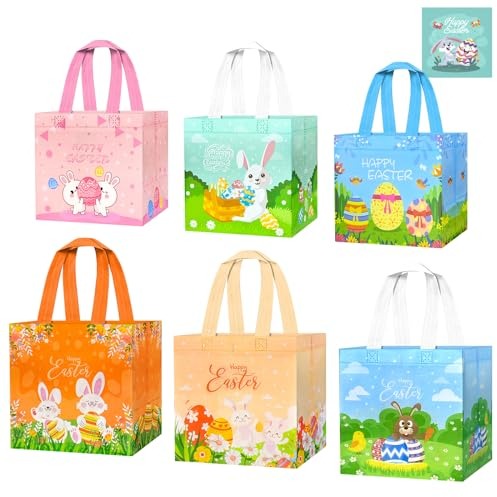 Ostern Geschenktüten, aifulo 6 Stück Oster Taschen mit Griffen, Non-Woven Ostertüten mit Hasen, Wiederverwendbare Multifunktionale Ostereiersuche-Taschen für Kinder Ostern Party