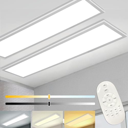 2er Dimmbare LED Deckenleuchte 120x30 cm mit Memory Funktion, 40W 2700K-6500K Ultraflache Rechteckige Panel mit Fernbedienung, Ultrahelles Licht Geeignet für Büro, Küche, Garage, Werkstatt, Keller