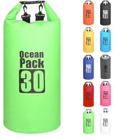 MORAINJAY 30L Wasserdichter Beutel, Grün Dry Bag 2L/5L/10L/15L/20L/25L/30L mit Verstellbarem Gurt, Schützt Telefon/Karte, Roll Top Wasserdichter Beutel Rucksack für Schwimmen/Rafting/Bootfahren
