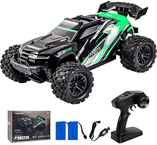 TEEROK Coche Todo Terreno Teledirigido, 1:18 4WD 38KM/H Coche RC, 2 Pilas 60 Minutos, RC Crawler Todo Terreno, Juguete de Exterior Regalo para Niños y Adultos,Verde