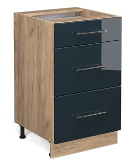 Vicco Küchenunterschrank Fame-Line, Dunkelblau Hochglanz/Goldkraft Eiche, 50 cm ohne Arbeitsplatte