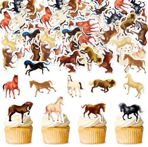 Blumomon 48 Stück Essbar Pferde Cupcake Topper Pony Geburtstags Kuchen Deckel Picks Pferderennen Motto Party Pferde Geburtstags Party Zubehör