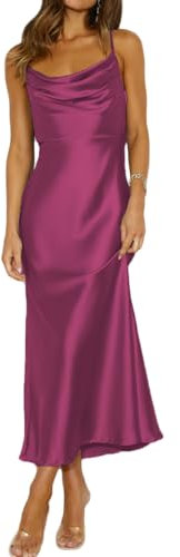 Mogidol Vestido de Verano de satén con Tirantes Delgados, Cuello drapeado, Espalda Descubierta, Elegante, Vestido de cóctel Fruncido con Espalda Baja, Fucsia, Large