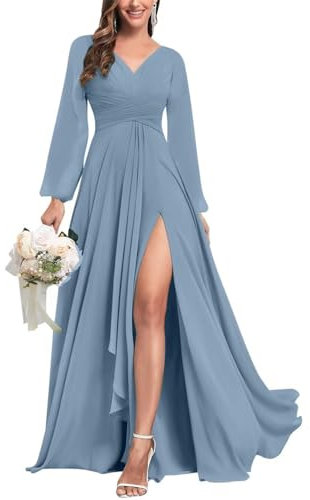KURFACE Dusty Blue Bridesmaid Dresses Plus Size Chiffon V Neck Long Sleeve Formal Dress Evening Gown Maid of Honor UK28
