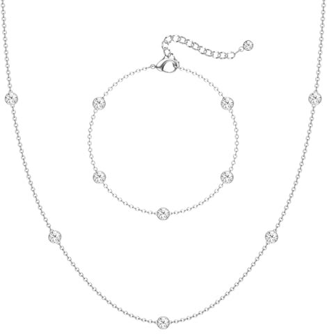 CASSIECA 14 Karat Vergoldetes Charm Gliederketten Armband und Halsketten für Frauen Zierliche Zirkonia Station Solitaire Verstellbare Gold Armbänder Halskette