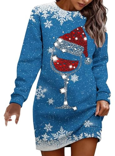 Weihnachtskleid Damen Pulloverkleid Weihnachts Strickkleid Rundhals Frauen-Weihnachtskleider Damen mit Rot Weinglas Muster Minikleid Große Größen Weihnachtskleidung Knielang für Weihnachtskostüme