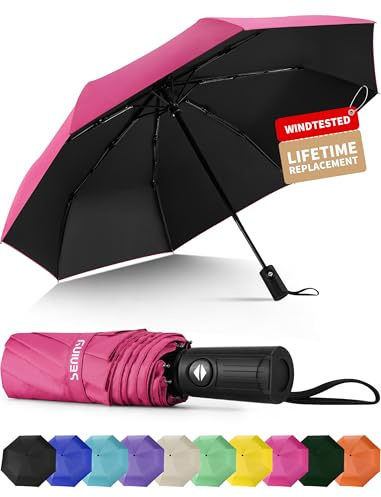 Seniny Windproof Travel Umbrella, Automatic Umbrellas for Rain, Portable & Compact Umbrellas for Backpack, Strong UV for Protection, Folding Small Sun Umbrella for Car, Walking, Pink