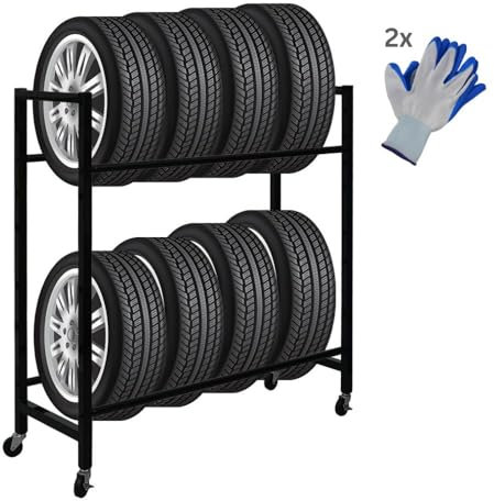 PROREGAL Reifenregal CARRERO auf Rollen HxBxT 115x111x40cm, bis zu 8 Reifen auf 2 Ebenen, Schwarz, Werkstattregal, Lagerregal, Kellerregal