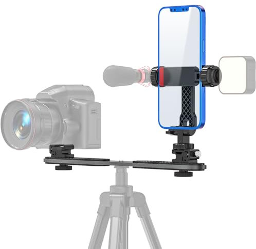 JUBORUI Handyhalterung Stativ, Dual DSLR Flash Camera Bracket mit 3 1/4 Kugelkopf & 4 Cold Shoes, 360°Drehbare Handy Stativ Adapter für Videoleuchte Vlogging, Smartphone Halterung Stativ für iPhone