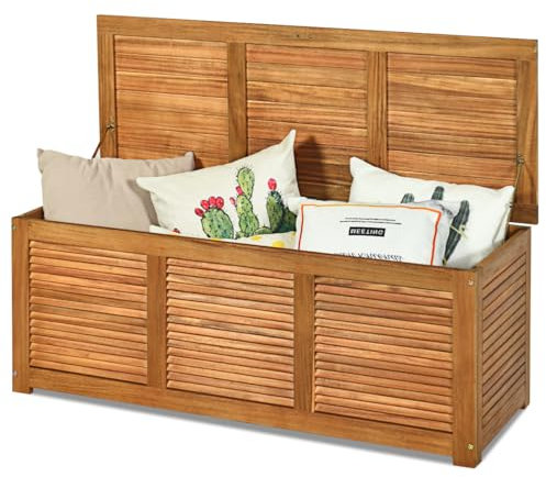 HOMASIS 178L Auflagenbox wetterfest, XXL Gartenbox aus Akazienholz, Aufbewahrungsbox mit Deckel & Griff, Kissenbox Kissentruhe Auflagentruhe Gartentruhe Terrassenbox Outdoor, 120 x 45 x 45 cm, Natur
