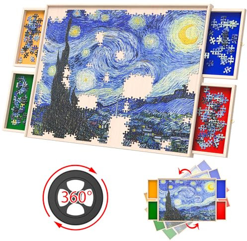 HUAXUS 1000 Teile drehbarer Puzzletisch mit Schublade und Deckel, 75x56cm Puzzle 1000 Teile Puzzle Board Einfache Lagerung, Leichtes Design Lazy Susan Puzzlebrett