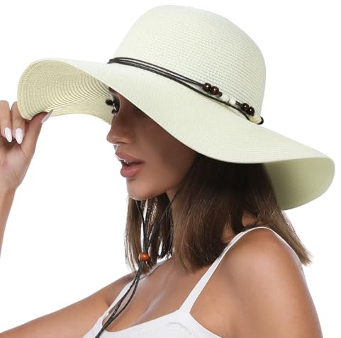 Creekstone Chapeau de Paille Soleil pour Femme à Large Bord UPF 50 Protection Solaire Pliable Chapeau Souple de Plage d'été avec Cordon coupe-vent (FR/ES, Alpha/lettres, L, Ivoire)