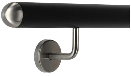 TIBU Handlauf Edelstahl schwarz 30-600cm Treppengeländer Innen und Außen mit gewinkelte Handlaufhalter, Länge 200 cm mit 3 Halter und halbrunde Kappe