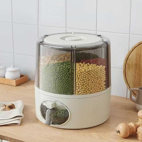 Contenedor de almacenamiento de granos giratorio de 360°, dispensador de arroz transparente de 6 compartimentos con salida de un solo clic, organizador hermético de alimentos secos para arroz