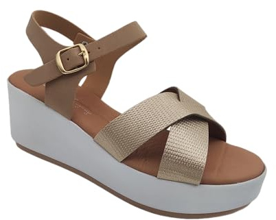 Comodissimi Sandali Estivi Donna con Zeppa, Scarpe Estive ed Eleganti, Sandalo in Pelle Comodo e Alto, 100% Made in Italy (Beige, Sistema Taglie Calzature EU, Adulto, Donna, Numero, Media, 37)