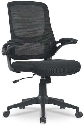 Waytex Ergonomischer Bürostuhl, Stoff und Netzstoff, klappbare Armlehnen, höhenverstellbar, Wippmechanismus, für Profis und Privatpersonen, Schwarz