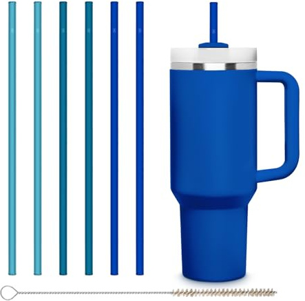 HALM Stanley Quencher Tumbler Glass Straws Blue Reusable Replacement Straws for Tumbler with Handle Stainless Steel Drinking Cup Accessory BPA-Free & Dishwasher Safe