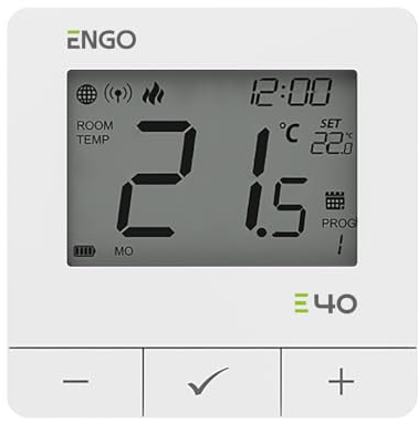 ENGO E40 Programmable Smart Room Thermostat Zigbee Radiator Battery White | Runs up to 6 ENGO radiator valve heads or a wet underfloor zone. App control needs ENGO E-Gate Pro gateway, sold separately