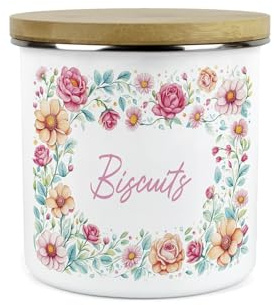 Pink Roses Biscuits Tin - Floral Enamel 1.2L Large Cookie Jar Storage Container Kitchen Gifts