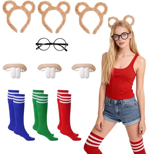 10-teilig Streifenhörnchen Kostüm Set – 3 Paar Gestreifte Kniestrümpfe, 3 Chipmunk Ohren Stirnbänder, 3 Zahndekoration, Runde Brille, Tierkostüm Zubehör Erwachsene für Halloween, Karneval & Cosplay