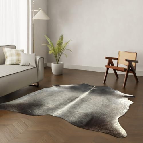 Wildlife Design Kuhfell Teppich – Schwarz-Grau. Großes Format 220×200 cm Premium Naturfell, nachhaltig & tierfreundlich + GRATIS Lederuntersetzer