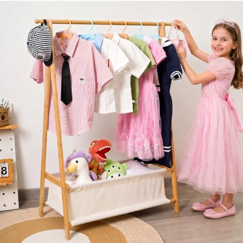 Bamysol 100% Natural Bamboo Kids Dress Up Rail With Storage, Toddler Wardrobe, Baby Crate Hamper with Rail, Kids Clothes Rail, Montessori Dress Up Rack, Child-Height Friendly, 86L x 36W x 106H cm