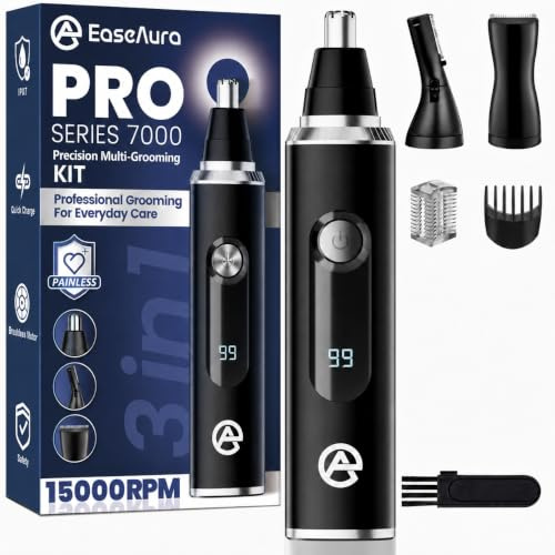 EaseAura® Cortapelos Nariz y Orejas Recargable 3 en 1, Recortador Pelos Nariz Hombre y Mujer, Cortador Pelos Nariz y Orejas Eléctrico, Trimmer Cejas y Barba, Quitapelos Nariz, Tijeras, LED, IPX7
