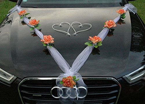 Organza M + Herzen Braut Paar Rose Deko Dekoration Autoschmuck Hochzeit Car Auto Wedding Deko Ratan Girlande ®Auto-schmuck PKW (Orange/Weiß/Weiß)